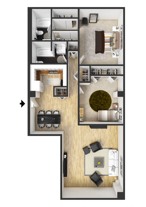 Floor plan for 2 beds, 2 baths, 1085 sqft